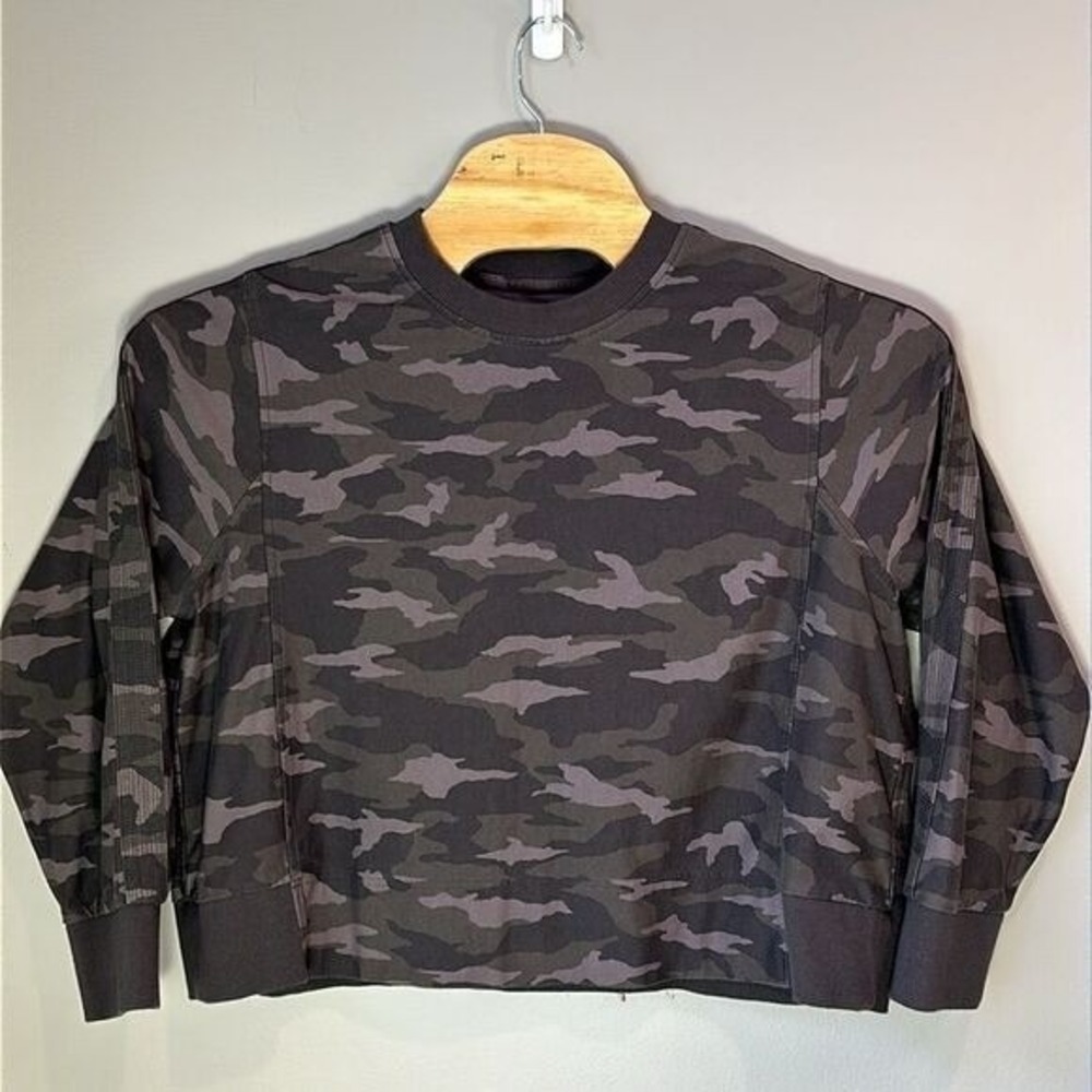 Athleta Women Sweatshirt 1X Green Gray Camo Boxy Crew Neck Cozy‎ Lounge Comfort